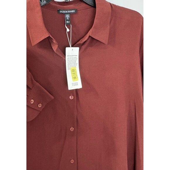 Eileen Fisher Small Redwood Silk Georgette Crepe Classic Collar Shirt NWT $278 - Picture 9 of 13